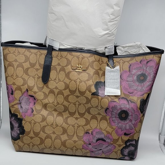 Coach City Tote in Signature Canvas with Kaffe Fassett Print 5697 Khaki Purple - Picture 1 of 8